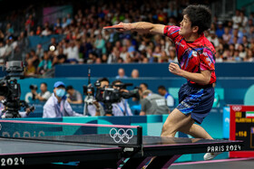 مسابقه نوشاد عالمیان و هاریموتو از ژاپن در مرحله یک شانزدهم نهایی تنیس روی میز المپیک ۲۰۲۴ پاریس
