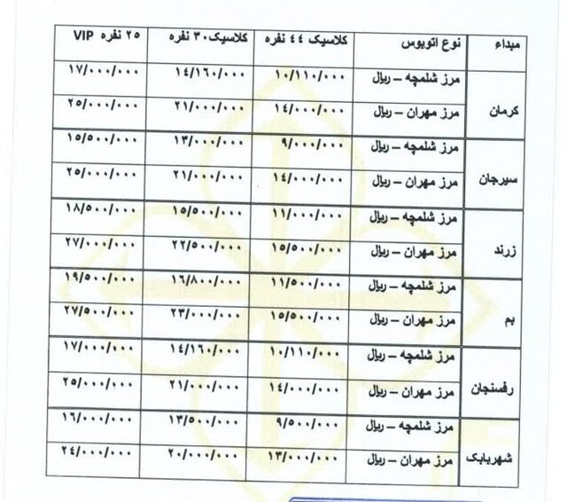 نرخ بلیت شهرهای استان کرمان به مرزهای خروجی اربعین اعلام شد + جدول