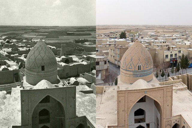 مقایسۀ وضعیت جدید و قدیم مسجد جامع ورزنه آخرین ظرفی که زایندهرود را بدرقه میکند / الهام از مقرنس گنبد مسجد جامع ورزنه در خلق سفال