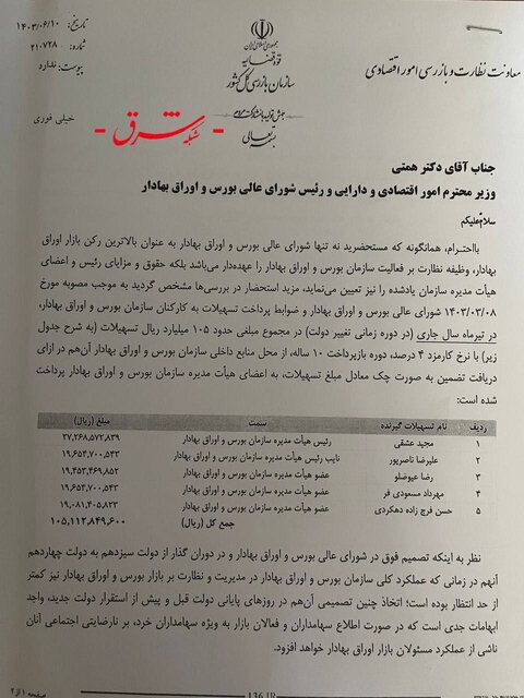 وزیر اقتصاد به موضوع وام قرضالحسنه رئیس و اعضای هیات مدیره بورس ورود کرد