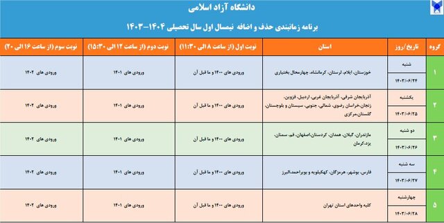 اعلام جزئیات زمانبندی حذف و اضافه دانشگاه آزاد