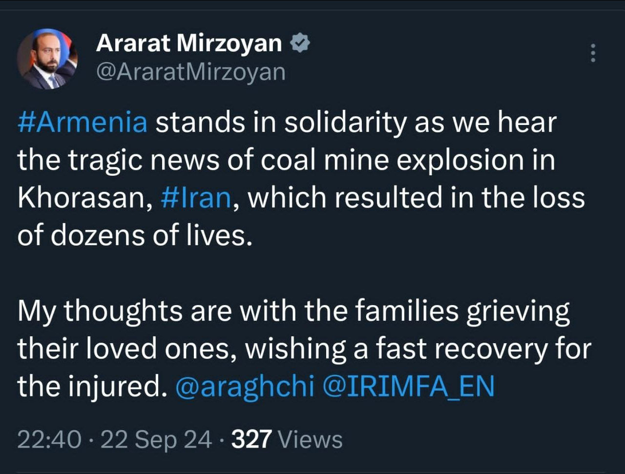 ابراز همدردی مقامات ارمنستان با خانوادههای قربانیان انفجار معدن زغالسنگ طبس