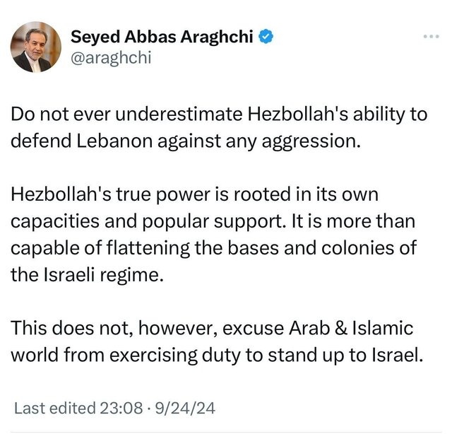 عراقچی: هرگز توانایی حزبالله را دستکم نگیرید