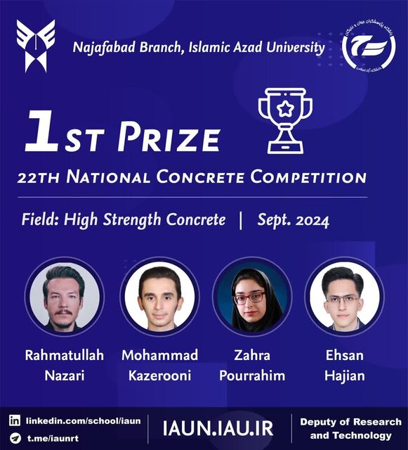 موفقیت دانشجویان دانشگاه آزاد نجفآباد در بیستودومین مسابقات ملی بتن دانشجویی