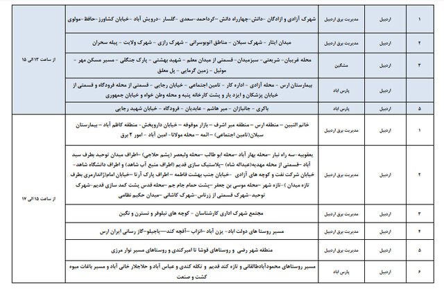 جدول خاموشی برق استان اردبیل در روز ۲۳ آبان