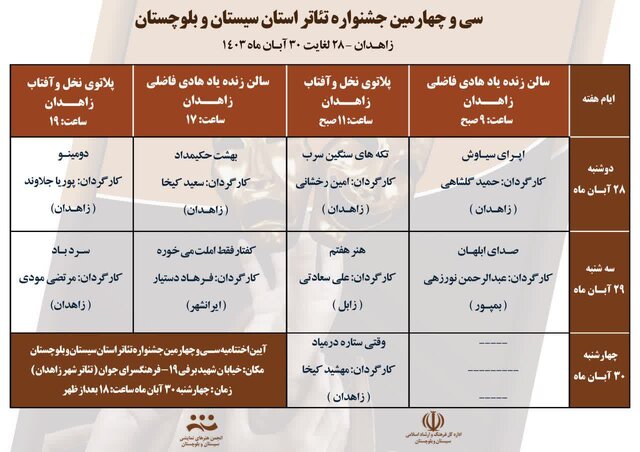 سی و چهارمین جشنواره تئاتر سیستان و بلوچستان ۲۸ آبان آغاز می‌شود