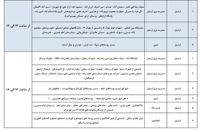 جدول خاموشی برق استان اردبیل در روز ۲۷ آبان