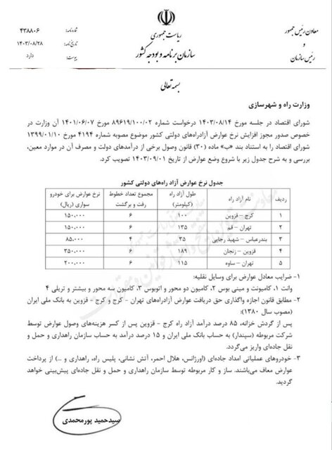 دلیل افزایش نرخ عوارض ۵ آزادراه؛ درآمد پاسخگوی هزینهها نبود