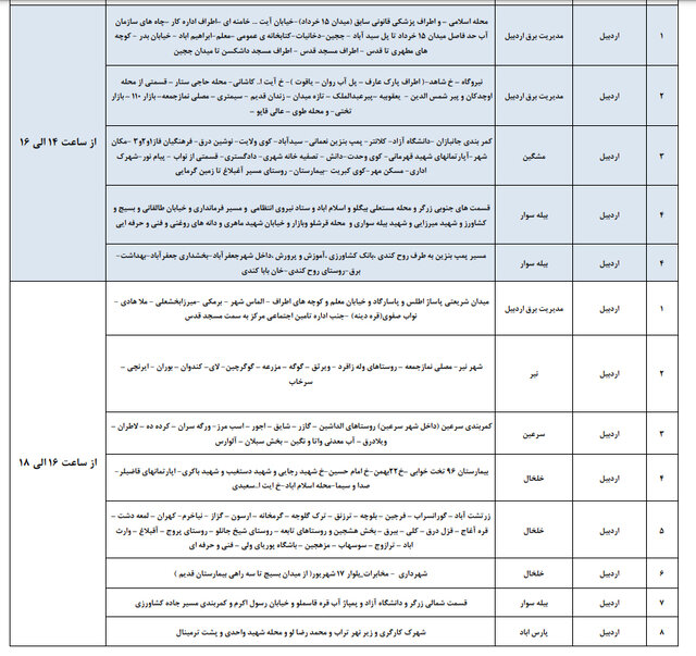 جدول خاموشی برق استان اردبیل؛ امروز چهارم آذر