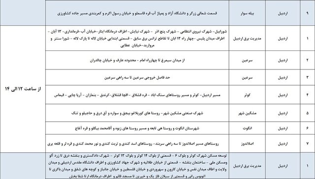 برنامه خاموشی‌های برق ۵ آذر ماه در اردبیل