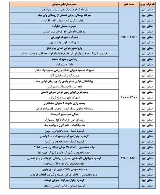 برنامه قطع برق ۱۵ دی ماه کرج