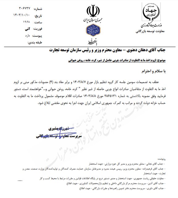 اخذ مابهالتفاوت از صادرات چربی حاصل از شیر، کره، خامه و روغن حیوانی الزامی شد