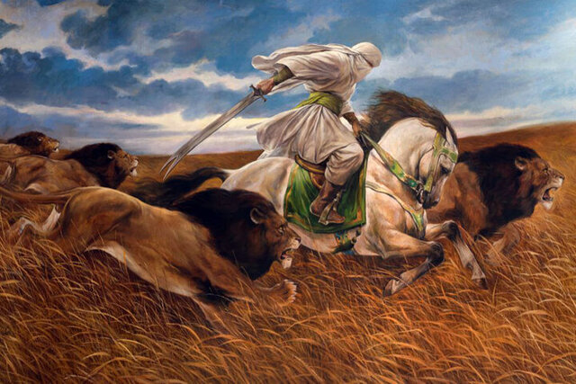 عکس تزئینی است/ اثر حسن روحالامین برای میلاد حضرت علی(ع)/ شیر بیشهزار میتازد نمایش ۱۱۰ اثر درباره امیرالمومنین در موزه امام علی(ع)