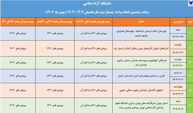 اعلام برنامه زمانبندی انتخاب واحد نیمسال دوم سال تحصیلی ۱۴۰۴ ـ ۱۴۰۳ دانشگاه آزاد