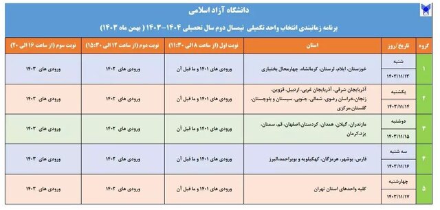 برنامه زمانبندی انتخاب واحد تکمیلی دانشگاه آزاد اسلامی اعلام شد