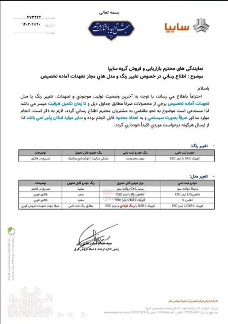 سایپا؛ امکان تغییر مدل و رنگ خودروهای آماده تحویلِ مشتریان فراهم شد