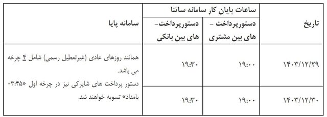 ساعات کاری سامانههای ساتنا و پایا اعلام شد