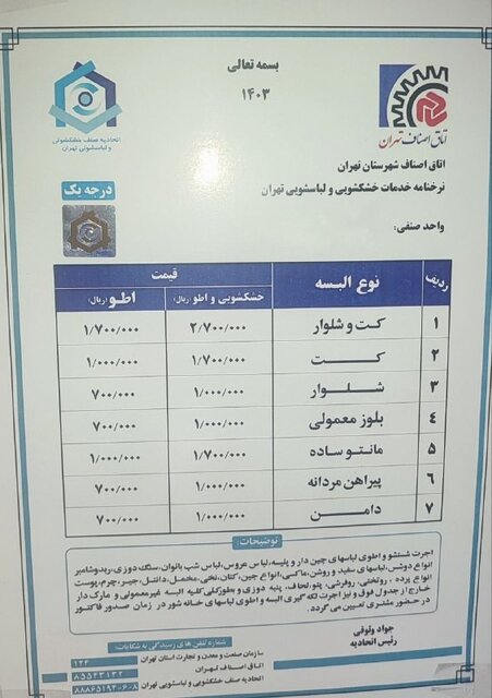 نرخ خشکشویی چند؟/ اکثر خشکشوییهای آنلاین مورد تایید اتحادیه نیستند