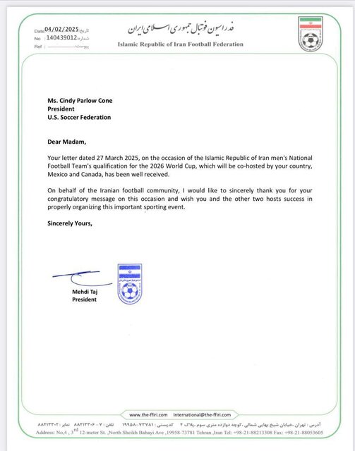 پیام تشکر تاج از رئیس فدراسیون آمریکا