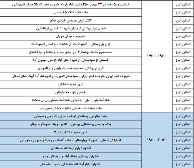 برنامه خاموشی ۱۹، ۲۰ و ۲۱ فروردین در البرز