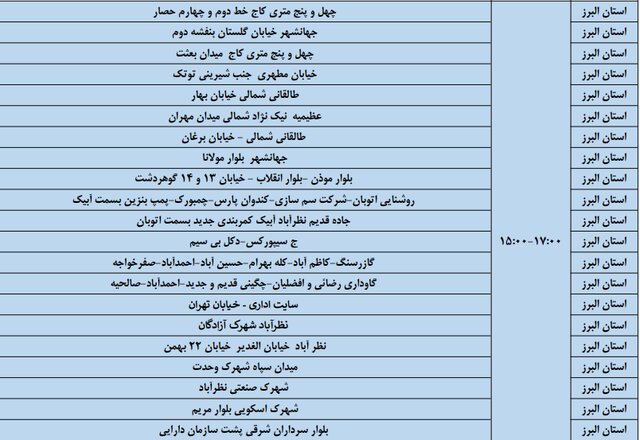 برنامه خاموشی ۱۹، ۲۰ و ۲۱ فروردین در البرز
