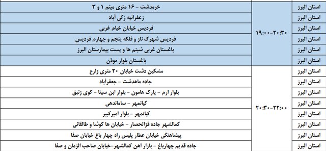 برنامه خاموشی ۱۹، ۲۰ و ۲۱ فروردین در البرز
