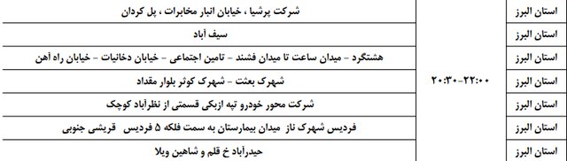 برنامه خاموشی ۱۹، ۲۰ و ۲۱ فروردین در البرز