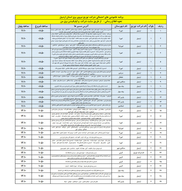 جدول خاموشی برق استان اردبیل در روز ۲۳ فروردین