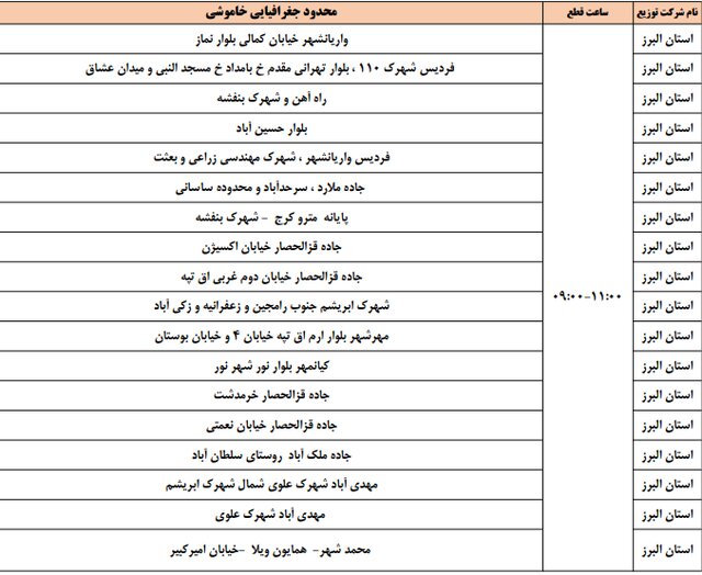 برنامه خاموشی ۲۳ و ۲۴ فروردین در البرز