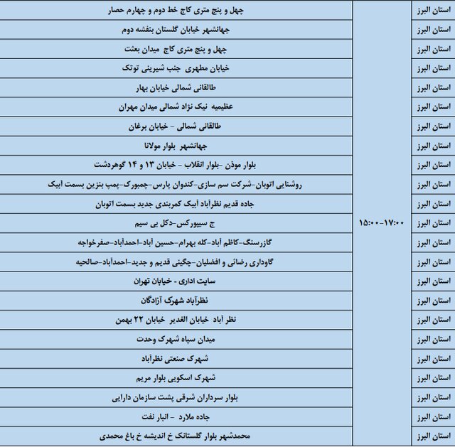 برنامه خاموشی ۲۳ و ۲۴ فروردین در البرز