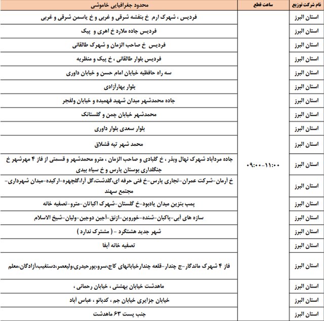 برنامه خاموشی ۲۳ و ۲۴ فروردین در البرز