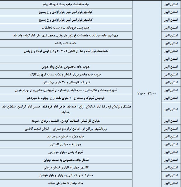 برنامه خاموشی ۲۳ و ۲۴ فروردین در البرز