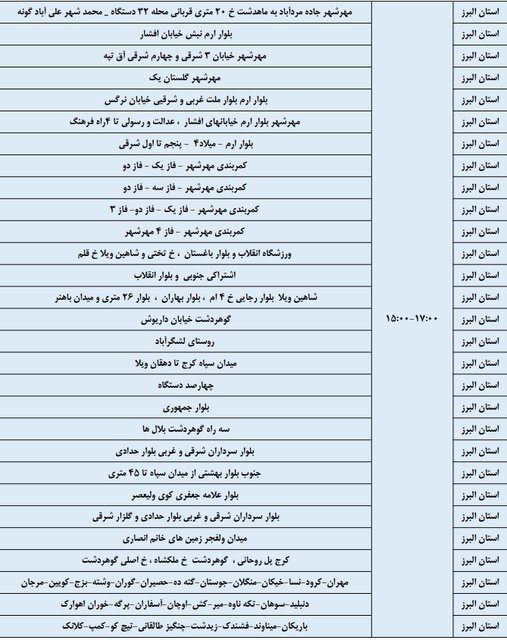 برنامه خاموشی ۲۳ و ۲۴ فروردین در البرز