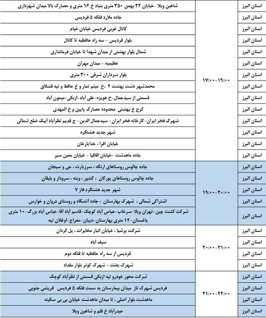 برنامه خاموشی ۲۳ و ۲۴ فروردین در البرز