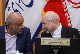 محمدباقر قالیباف، رئيس مجلس شورای اسلامی و احمد میدری، وزیر تعاون، كار و رفاه اجتماعی در جلسه کمیسیون اجتماعی مجلس