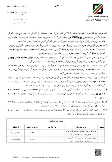 حقوق ورودی گوشی تلفن همراه اعلام شد