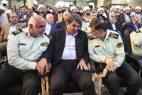 سردار احمدرضا رادان،فرمانده کل انتظامی کشور،محمدعلی طالبی، استانداروسردارناصرفرشید،فرمانده سابق انتظامی استان درمراسم تکریم و معارفه فرمانده انتظامی استان کرمان