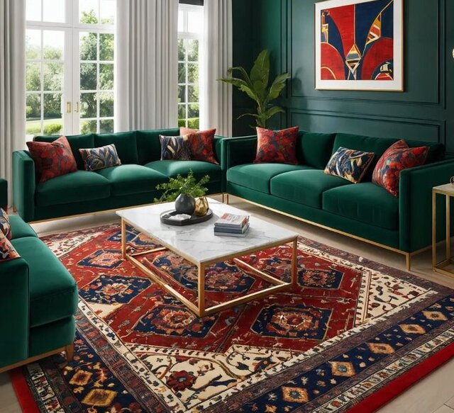 ترفندهای طلایی در ست کردن مبل سبز با فرش قرمز ترفندهای طلایی در ست کردن مبل سبز با فرش قرمز