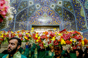 گل آرایی ضریح حضرت معصومه (س) به مناسبت ولادت امام رضا(ع)