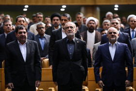 محسن حاجی میرزایی، رئيس دفتر رئيس جمهور، مسعود پزشکیان و رئیس جمهور و محمد مخبر در سالگرد شهادت شهید جمهور و شهدای خدمت