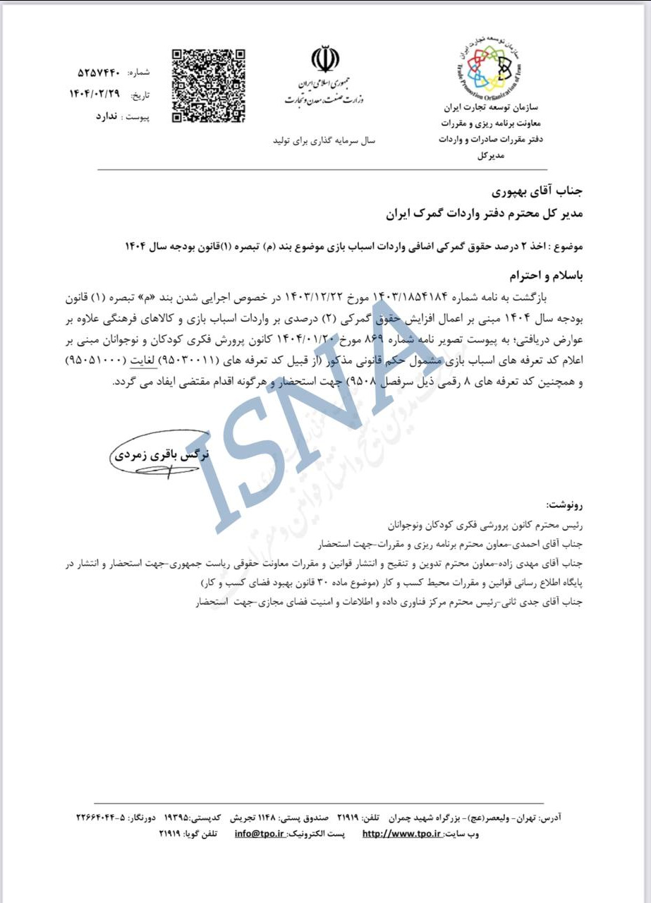 افزایش ۲ درصدی حقوق گمرکی واردات اسباببازی ابلاغ شد