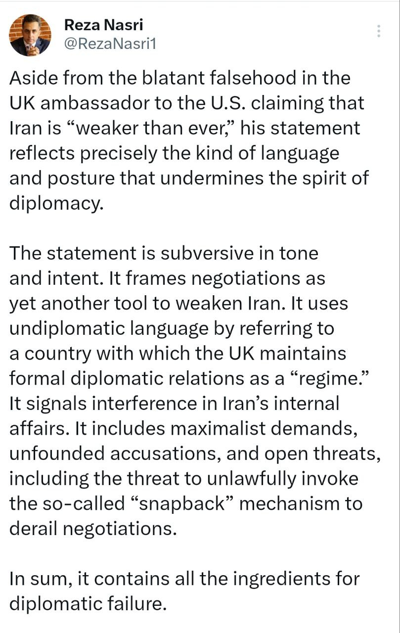 انتقاد رضا نصری از اظهارات دیپلمات بریتانیایی درباره ایران