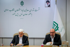 از راست- حسین دهقان، رییس بنیاد مستضعفان و محمدرضا عارف، معاون اول رییس جمهور در جلسه شورای معاونین بنیاد مستضعفان 