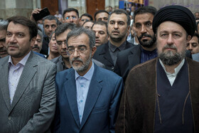 سیدحسن خمینی و علی منتظری، رئیس جهاد دانشگاهی در مراسم تجدید میثاق جهادگران و دانشگاهیان با آرمان‌های امام راحل