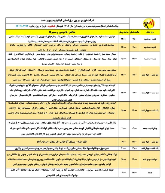 تازهترین برنامه خاموشی احتمالی در کهگیلویه و بویراحمد