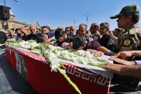 مراسم تشییع پیکر مطهر شهید «حسین احمدی» که در پی حمله رژیم صهیونسیتی به سایت راداری «سوباشی» همدان به شهادت رسید
