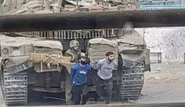 استفاده صهیونیست‌ها از یک فلسطینی به عنوان سپر انسانی در غزه