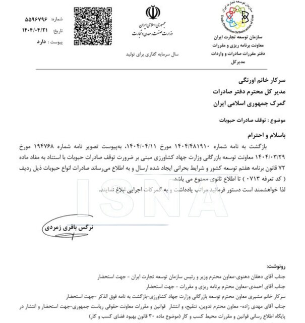 ممنوعیت صادرات حبوبات ابلاغ شد