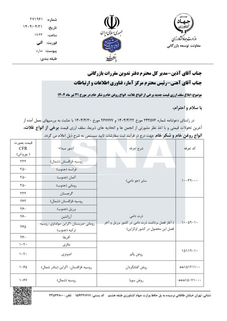 قیمت مصوب نهادههای دامی، روغن و شکر خام اعلام شد