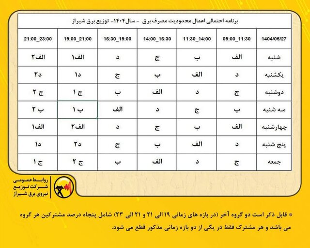 تغییر جدول قطعی برنامهریزیشده برق در شیراز/ احتمال دو نوبت خاموشی برای بخشی از مشترکان